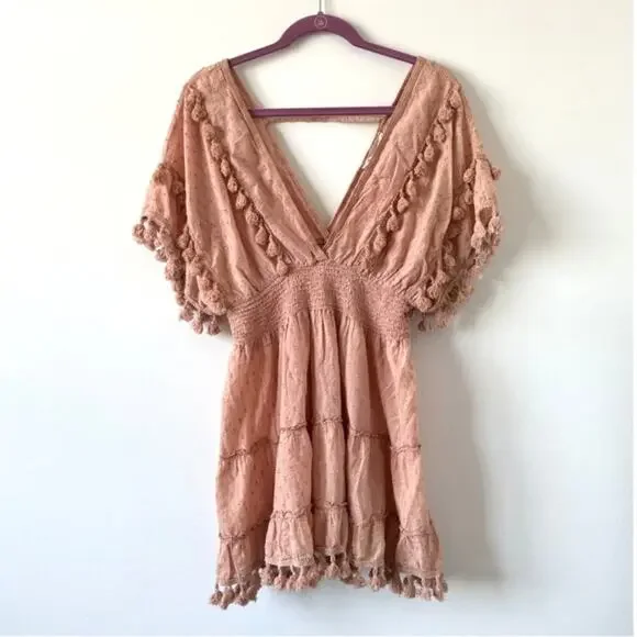 Z&L Europe Blush Pink Plunge Neck Tassel Mini Dress Cover Up Size L - Picture 7 of 12